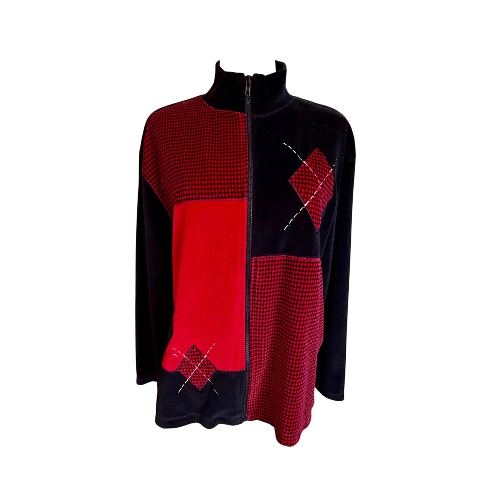 Erika Collection VTG Red Black Colorblock Argyle Zip Up Velour Jacket Womens L